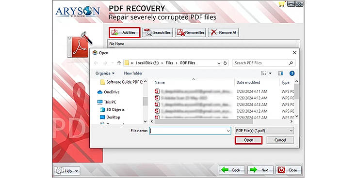 Click on Add Files and browse for PDF files saved on your PC. Select, click Open, and add them to the software.