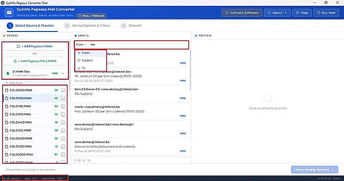 Use Add Pegasus File to load individual CNN, PMM, PMI, etc. files, or Add Pegasus Folder to import the entire mailbox directory.