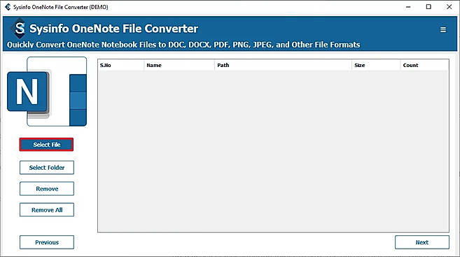 Click on Select Files/Select Folder to make .one file selection for conversion.