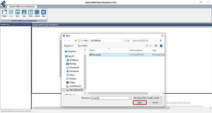 Click on Open and select the MDB file that you want to open.