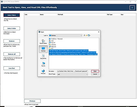 Step 2: Tap Select File(s)/Select Folder to add EML files to view.