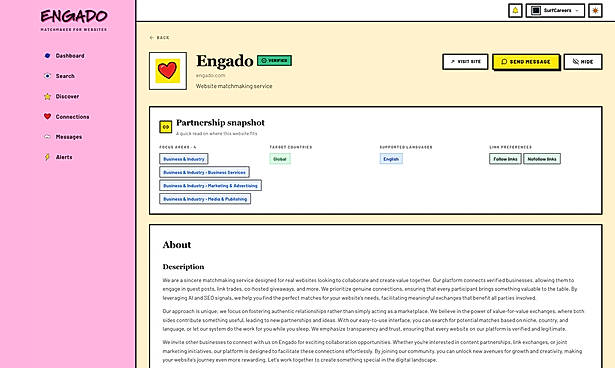 Website profile with offers, needs and Moz metrics