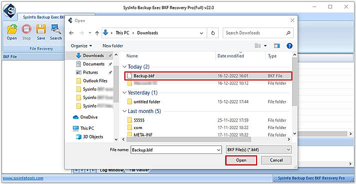 Step 2: Select the BKF File that you want to repair and click on the Open Button.