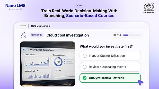 Learners make decisions in branching scenarios, see the consequences and get scored, choosing from nine scenario formats.