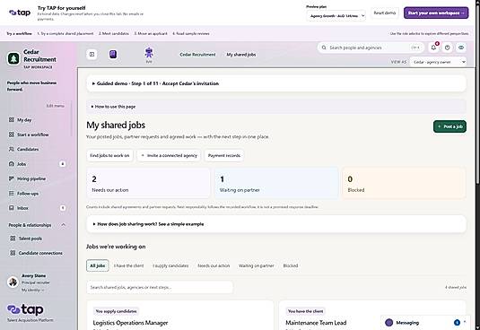 Shared jobs and agency collaboration — fictional demo data