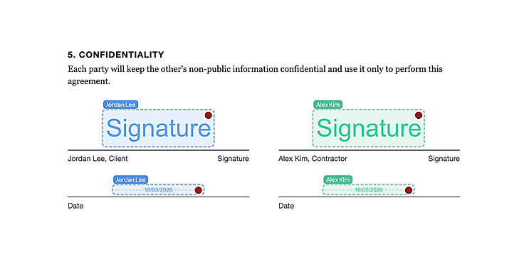 Place signature, date and text fields for each signer