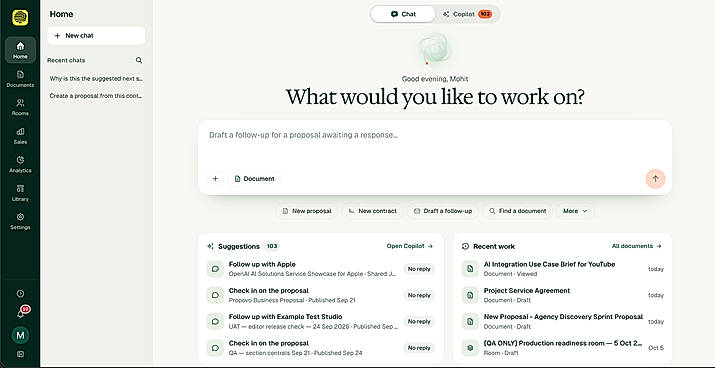 Propovo Home with AI chat, suggestions and recent work (sample workspace).