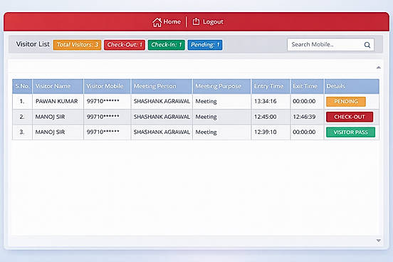 Admin Visitor Tracking Dashboard: Real-time dashboard displaying total visitors, check-ins, check-outs, pending approvals, and detailed visitor records for complete monitoring and management.