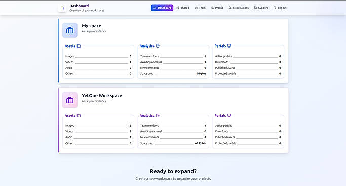 Multi-workspace dashboard with asset counts, team analytics, storage usage, and portal statistics at a glance.