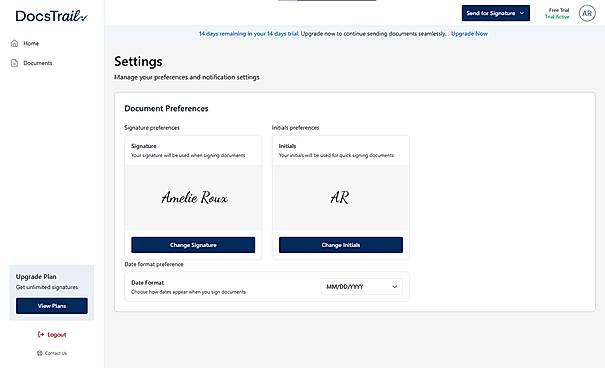 Docstrail Settings: Customize Signature, Initials & Date Preferences