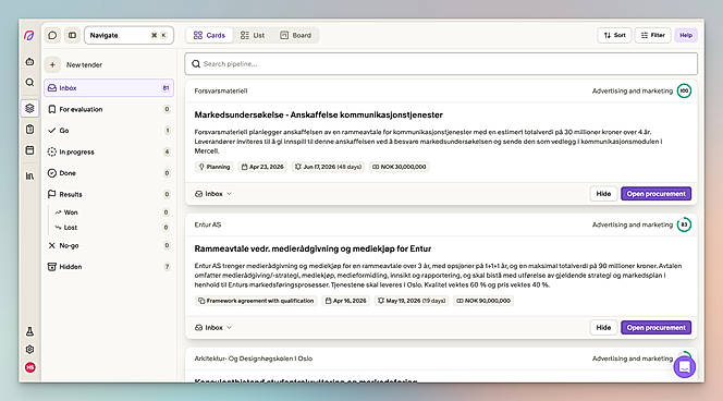 Determine which tenders are interesting for you and track their progress in the Pipeline