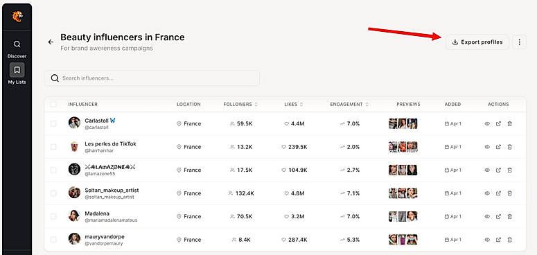Influencer contacts export