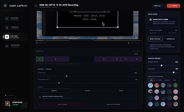 Cubix Capture: Adjusting zoom level and easing in the video editor