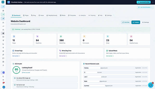 CloseDaily Real Estate Agent IDX Website SEO Dashboard