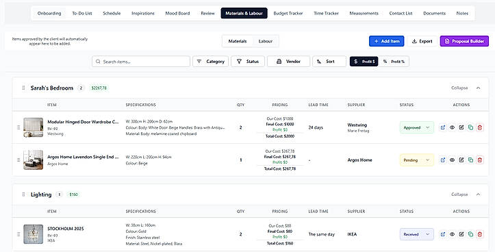 Schedule - this is where you can add Materials and Labour items using AI Fetch through a Product Link or through a Web Clipper