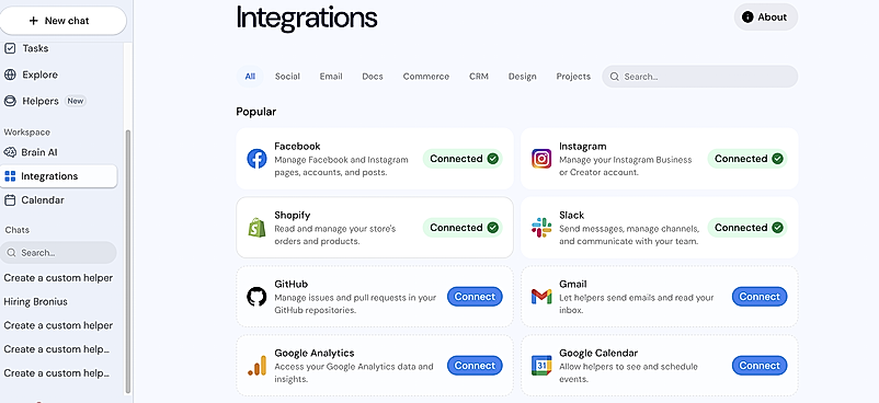 Integrations screen