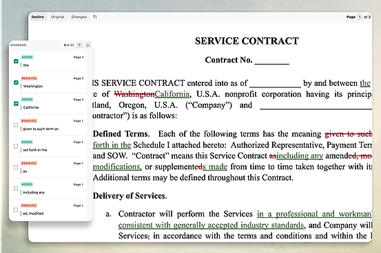 Legal Redline DOCX and PDF compare