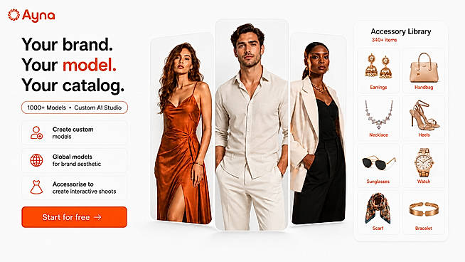 Generate custom on-model photoshoots with 1,000+ AI models and a built-in accessory library