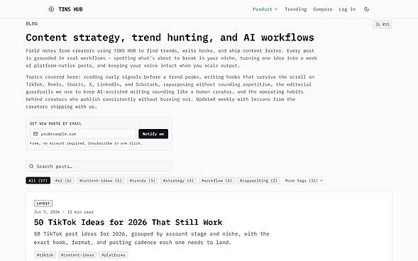 TINS HUB blog page featuring content strategy, trend hunting, and AI workflow articles for creators and marketers.