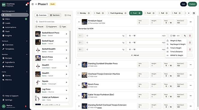 Workout builder with exercise library, sections, sets, reps, rest time and flexi