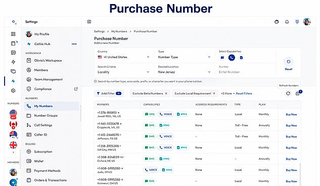 An intuitive virtual phone number purchase interface that lets businesses search, filter, and buy local or toll-free numbers by country, location, and capabilities. The dashboard simplifies number management with support for voice, SMS, MMS, flexible plans, and advanced filtering options.