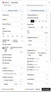 Influencer discovery through various filters