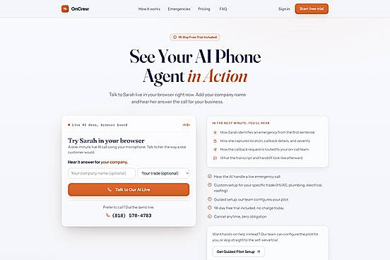 Live demo: talk to the OnCrew AI receptionist from the website