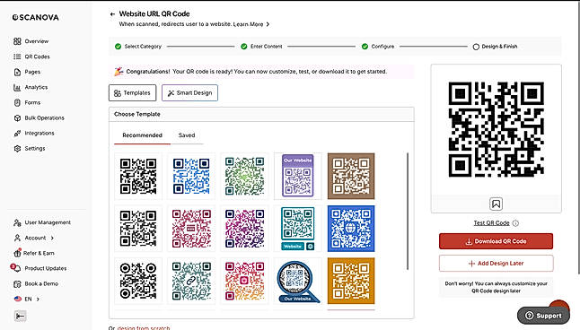 Design branded QR Codes with templates, Smart Design, or from scratch.