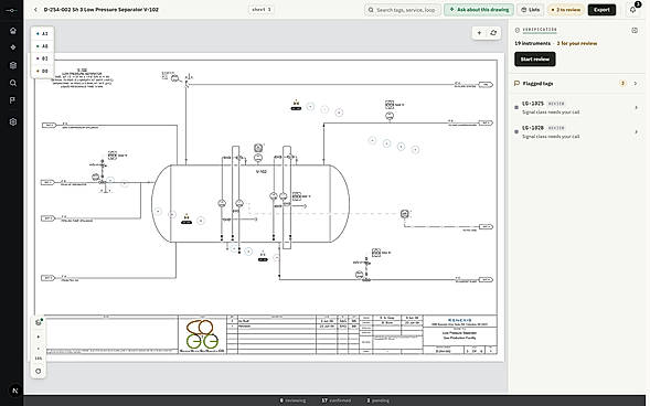 An engineer confirms or corrects each read before anything leaves the tool. The register is reviewed, not assumed.