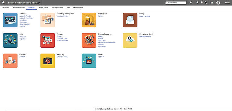 Synergix ERP dashboard showing integrated finance, inventory, production, SCM, project, HR, and contract modules