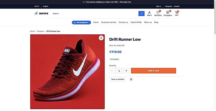 Product page with cart, wishlist and compare