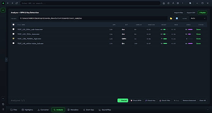 Analysis Tab with BPM, Key, Camelot, and vibe analysis