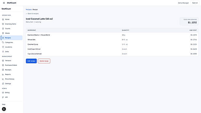 Recipe costing with automatic recost