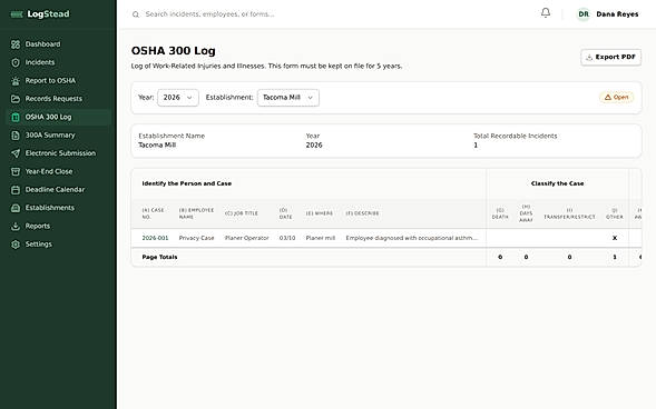 The Form 300 log maintains itself as cases are logged, year by year