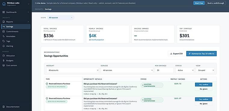 03-savings-recommendations.jpg  Ranked savings recommendations with estimated monthly impact. You confirm or ignore each one — CloudQuell does not modify workloads.