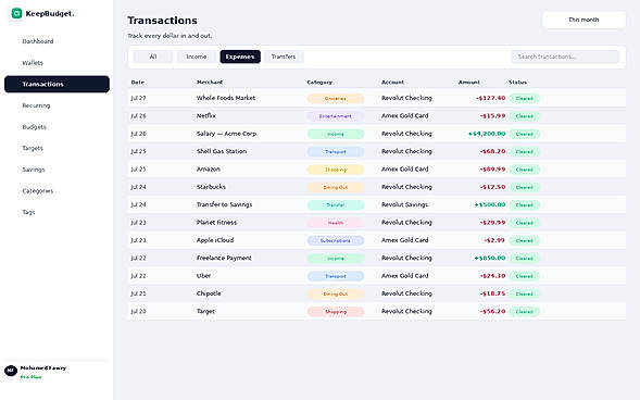 "Effortlessly track every transaction across all accounts with smart filters, auto-categorization, and instant search."