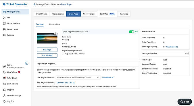Publish a live registration page on your own custom domain and collect sign-ups with automatic ticket issuance.