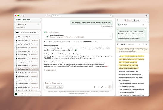 Verifiable research: every statement links to its exact source — here § 622 BGB shown in full alongside.