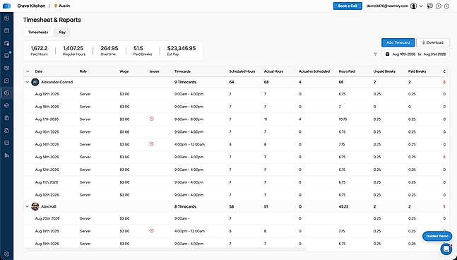 Teamsly time tracking compares scheduled and actual hours, timecards, overtime, breaks and estimated employee pay.
