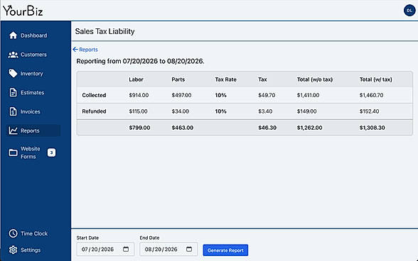 YourBiz Run reports such as sales tax liability to stay on top of tax filing.