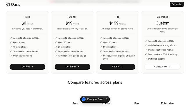 Pricing - Free, Starter $19/mo, Pro $199/mo, Enterprise custom