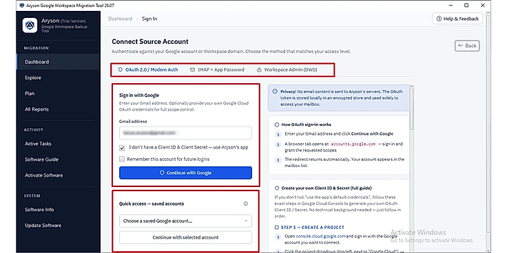 Connect with IMAP or Admin Credentials