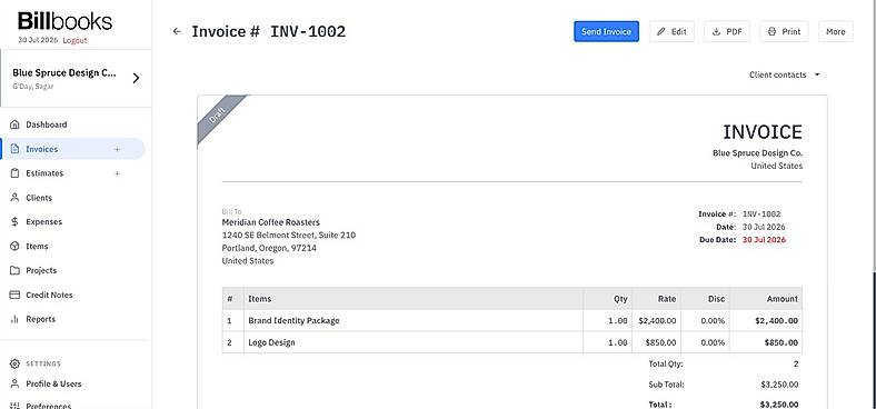 A polished invoice preview in the new billbooks interface, displaying client details, itemized charges, totals, and quick actions to edit, download, print, or send clean, fast, and ready to send.