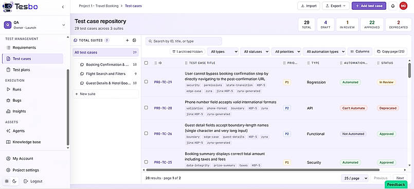 Test Case Repository: Organize test cases in nested suites with priorities, rich steps, and custom fields. The engine reads every case your team has approved and learns your standards, depth, phrasing, priority. New cases don't just cover requirements; they match the bar your team has already set.