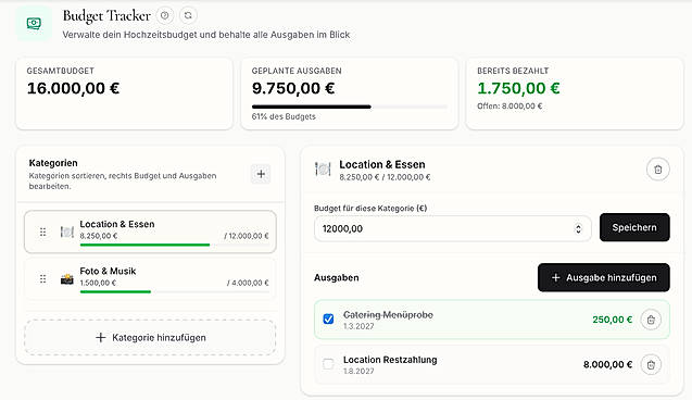 Wedding budget tracker (German interface)
