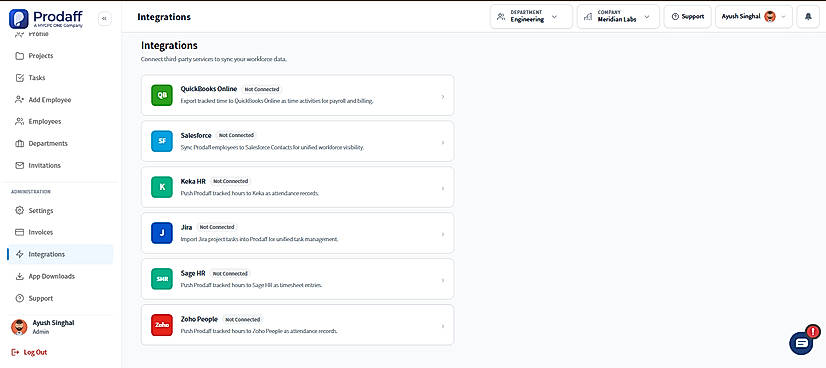Explore connections with QuickBooks Online, Salesforce, Jira, Keka HR, Sage HR, and Zoho People.
