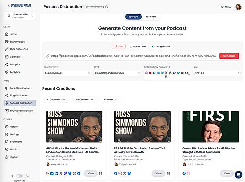 Distribution.ai's Podcast Distribution dashboard