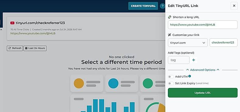 Creating a short link with a custom alias, link expiry and UTM parameters