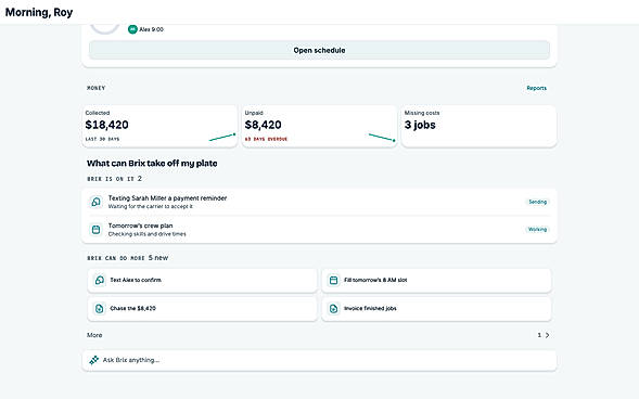 V5 Brix: follow-up work and business totals (sample data)