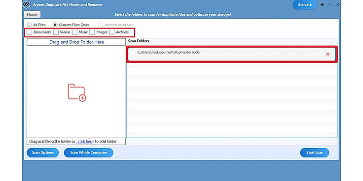Customize the scan by choosing file categories or applying filters like file type, similarity percentage, and folder depth.